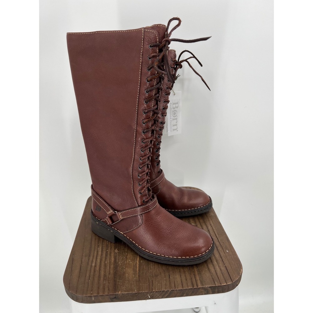 Born Brown Leather Tall Lace Up Boots Side Zip Plaid Lined Size 6 36.5 NWT
